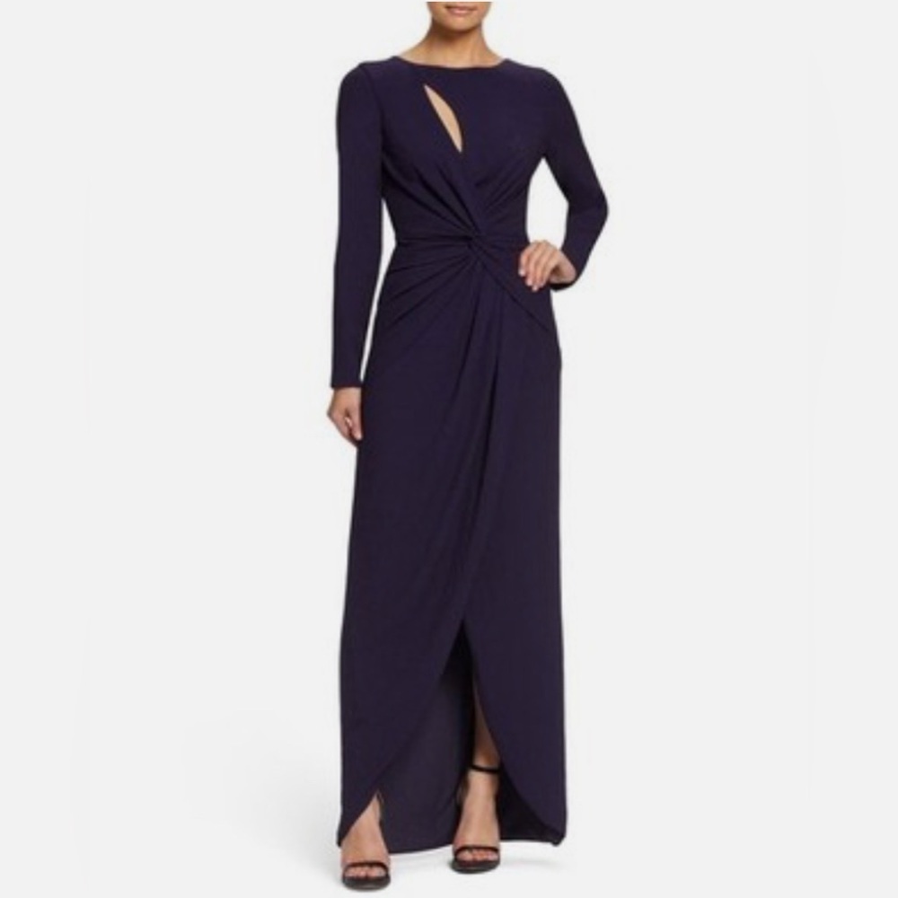 Dress the Population Naomi long-sleeve twist crepe gown in boysenberry purple